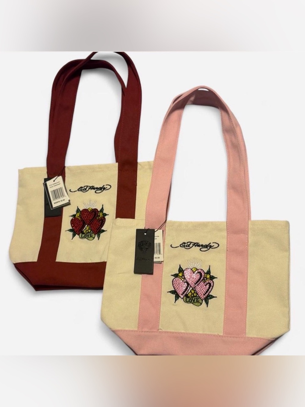 Ed Hardy Pink and Red Canvas Totes with LOVE Heart Embroidery
